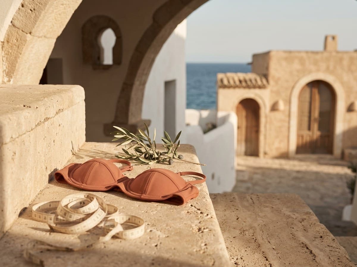 Terracotta structured underwire swim top and a coiled cream measuring tape on travertine stone, arched courtyard behind
