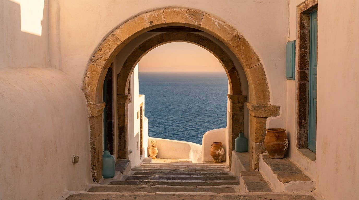 Monumental stone archway framing the open sea at dusk, warm plaster walls and stone steps in the foreground